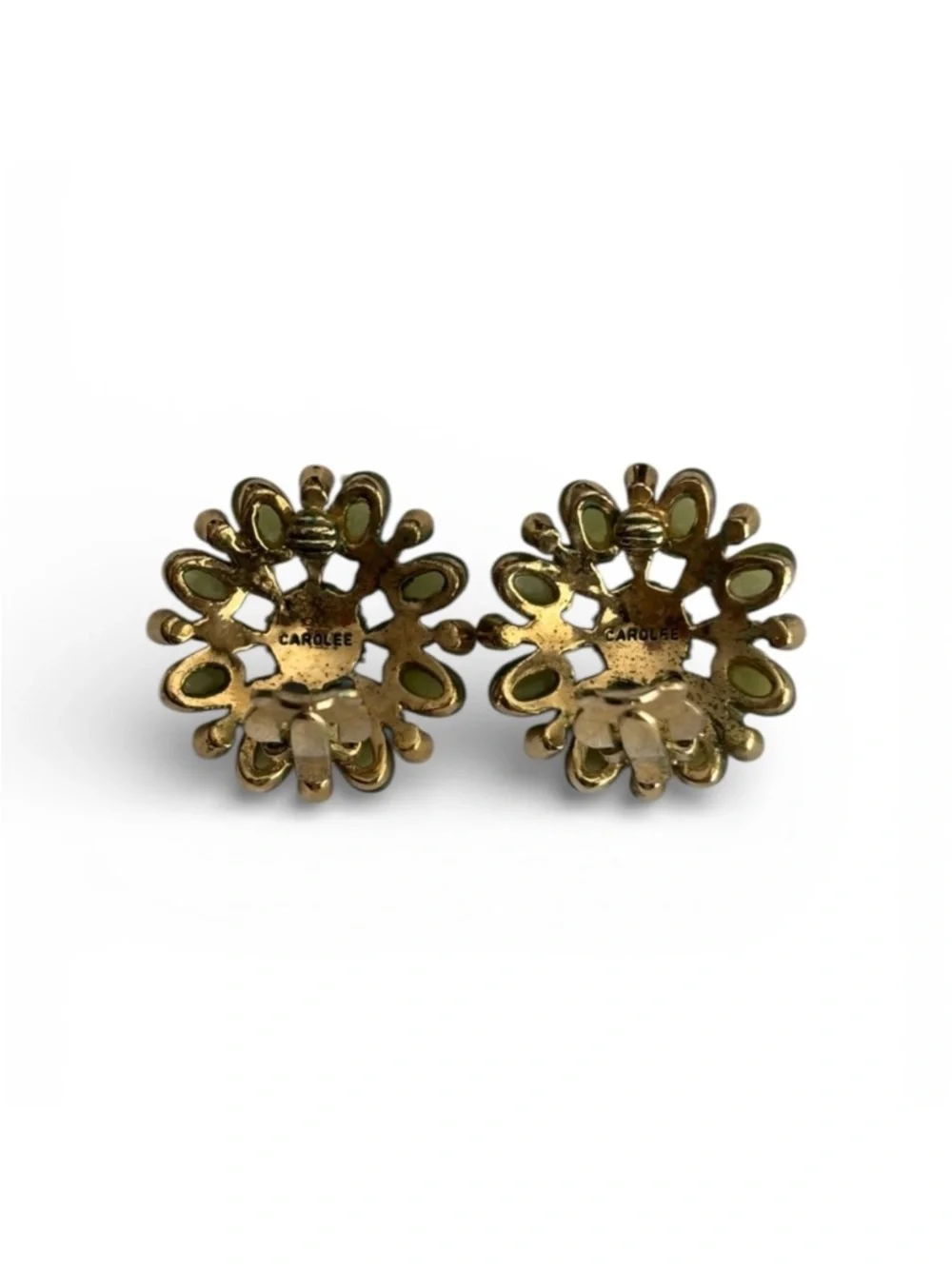 Clip On Floral Rhinestone Earrings Carolee Green Teal Cluster